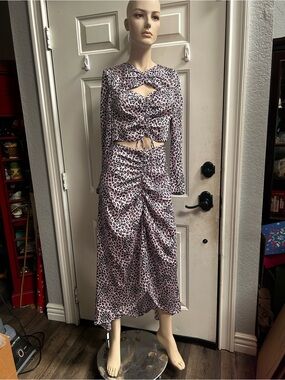 Maje Rave Long Satiny Cut Out Maxi Pink Leopard Print Ruched Maxi Skirt Sz 36